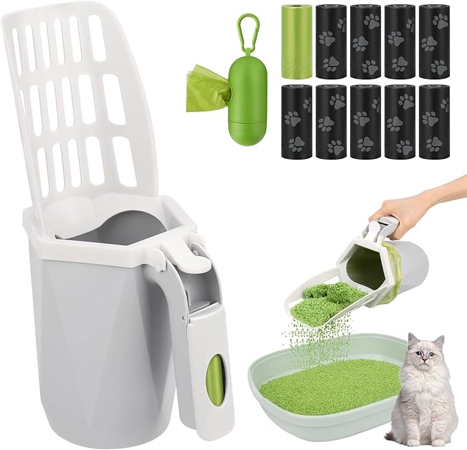 MYPIN Cat Litter Scooper with Holder, Cat Litter Shovel with Waste Can and Refill 195 Bags, Large Capacity Cat Scooper Portable Litter Shovel, Cat Litter Sifter Scoop System with Bags
