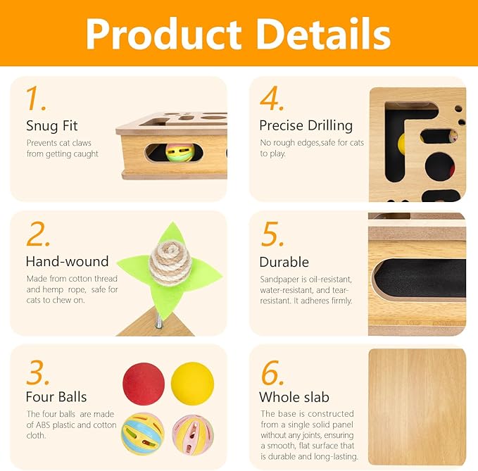 Interactive Wooden Cat Scratch Puzzle Enrichment Box,Cat Nail File Enrichment Box, Features Built in Sandpaper to Help Trim Claws During Play. (Burlywood Color)