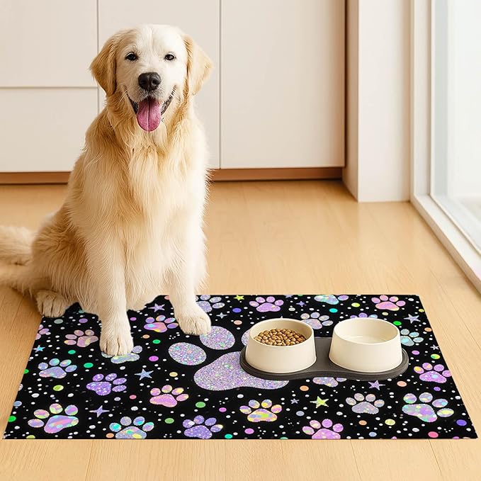 Pet Feedings Mats 20x12 inch Glitter Paw Print Pet Bowl Placemat Non Slip Mat for Cats and Dog Food and Water Indoor Feeding Station Cute Pet Meal Mat for Small Pets Kitchen Floor Use
