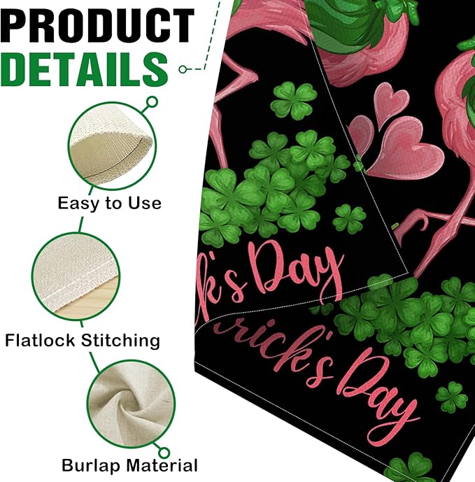 Dyrenson Happy St Patricks Day Flamingo 28 x 40 House Flag Double Sided, Lucky Shamrock Clover Black Garden Yard Decoration, Spring Irish Love Hearts Burlap Outdoor Decor Decorative Large Flag