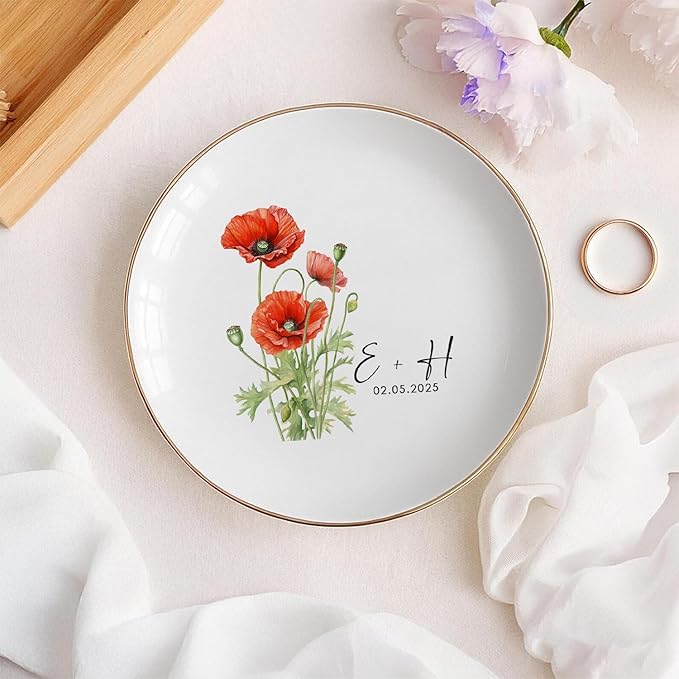 Personalized Floral Jewelry Dish, Engaged Ring Dish, Custom Trinket Dish Engagement Gift for Newly Engaged Couple, Mr and Mrs Ring Dish Just Married Valentines Gifts Keepsake
