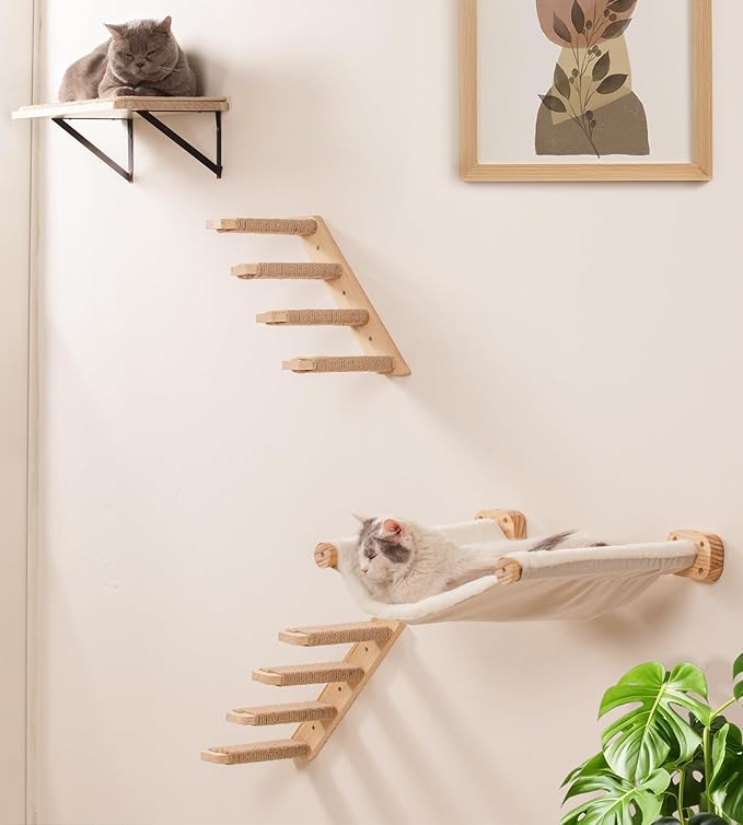 Cat Scraching Post Wall Shelves Set of 3 –1 Floating Fabric Hammock, 2 Cat Wall Ladders with 4 Steps EachWall Mounted Bed Furniture & Climber for Large Cats, Indoor Wall Playground