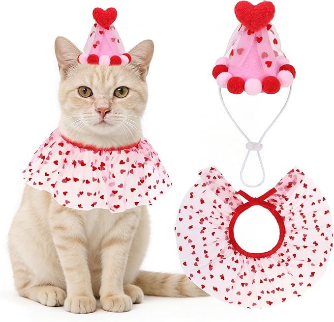 SCENEREAL Valentine's Day Cat Costume - Kitten Hat & Scarf Set, Pet Birthday Bandana Scarf Bib Holiday Outfit Party Accessories for Big Cats Puppy Small Dogs Animals