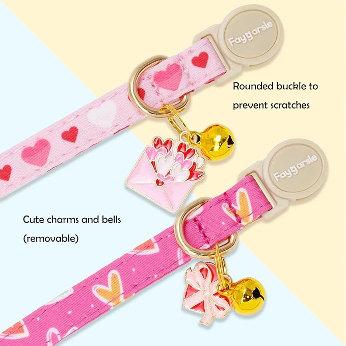 Faygarsle 2 Pack Breakaway Cat Collar with Bow and Bell, Heart Pattern, Pink, Adjustable Safety Buckle, Valentine's Day Theme
