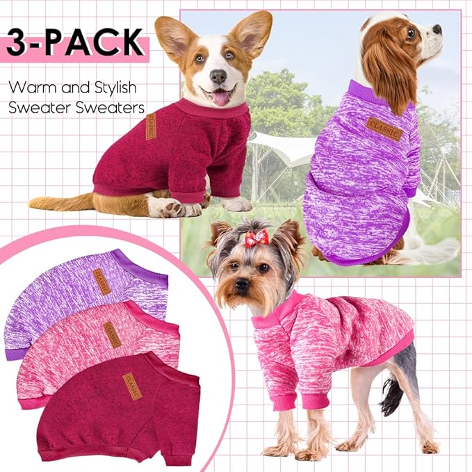 3 Pack Dog Sweaters for Small Dogs Girl Boy Winter Fleece Clothes Warm Soft Dog Sweatshirt Outfit for Dogs Cats Pet Apparel