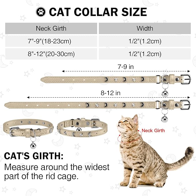 Leather Cat Collars for Boy Girl Cats with Bell and Safety Elastic Belt, Personalized Star and Moon Stud Adjustable Safe Buckle Collar for Kitty Small Big Cats Size 8-12 Inch, Gold
