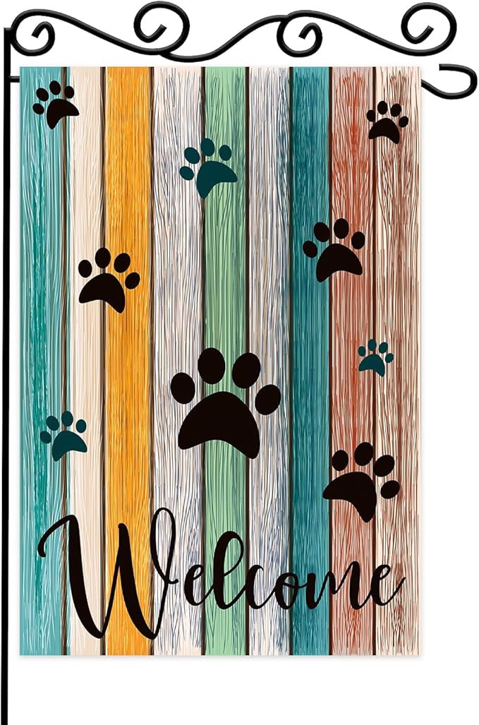 Welcome Paw Garden Flag,Welcome Spring Summer Garden Flag Colorful Footprint Summer Flag,Cat Dog Paws on Colorful Wooden Plank Yard Flag. 12x18 Double Sided