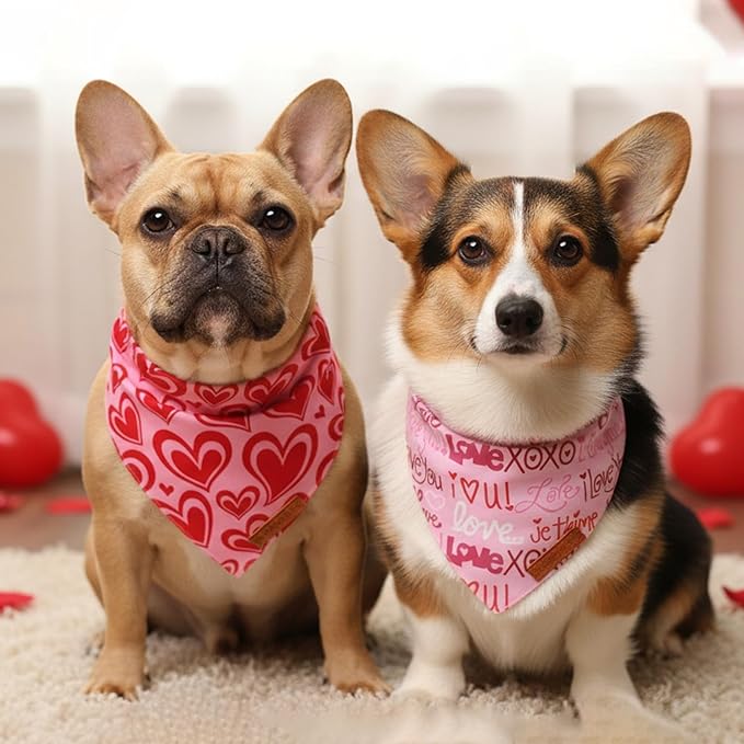ADOGGYGO Valentine Dog Bandanas 2 Pack, Reversible Heart Love Print Pet Scarf, Premium Fabric, Adjustable Fit Pink Red Valentine Bandanas for Medium Large Dogs (Large)