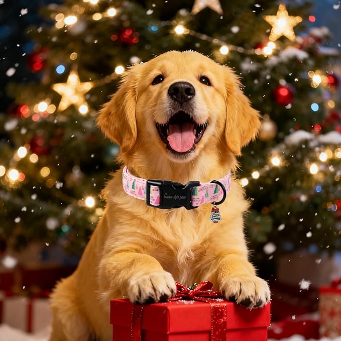 Unique Style Paws Christmas Dog Collar, Pink Dog Collar with Christmas Trees Pattern, Lightweight & Adjustable Pet Collar with Plastic Buckle for Small, Medium, Large Boy Girl Dogs