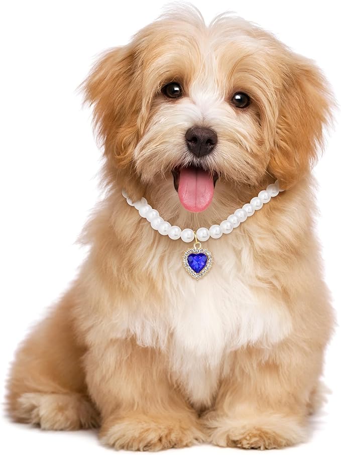 2pcs Pearl Collar for Cat Puppy, Small Cute Heart Shape Rhinestone Pet Necklace, Adjustable Wedding Party Pet Jewelry Accessories for Puppy Kitten- Blue & Red