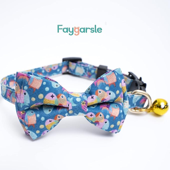 Faygarsle 2 Pack Cotton Designer Breakaway Cats Collar with Bow Tie and Bell Marine Theme Cat Collars for Girl Female Boy Male Cat Collar with Bell Fish Collars for Cats Collar Shell Pattern