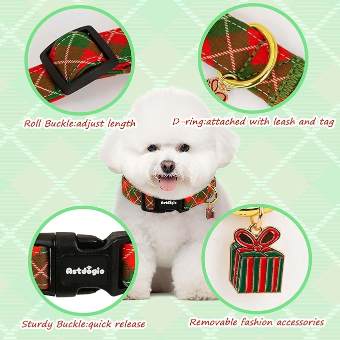Medium Christmas Dog Collar,Adjustable Dog Christmas Collars, Red Green Plaid Puppy Collar, Cute Dog Collars Holiday Collar for Girl Boy Dogs-M