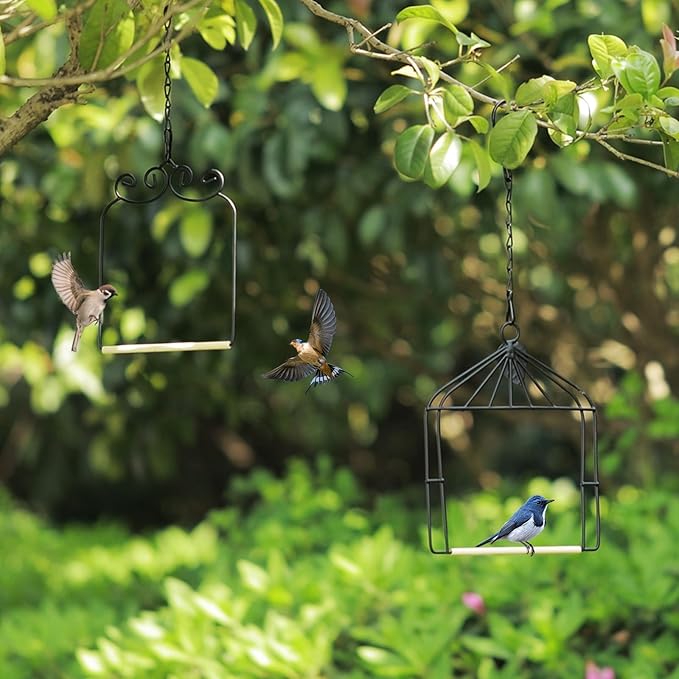 2PK Metal Frame Hummingbird Swings and Perches with Wooden Dowel Black Bird Swing Outdoor Bird Perch Humming Bird Swing