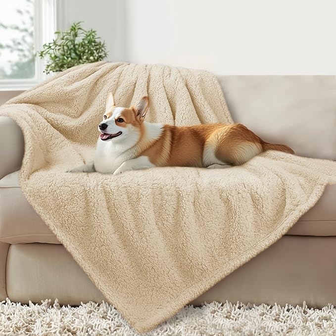 Luciphia Waterproof Pet Blanket for Medium Large Dogs Soft Cat Sherpa Calming Thick Cover Leakproof Cozy Puppy Sofa Bed Car Couch Protector(Beige,41x31 inches)