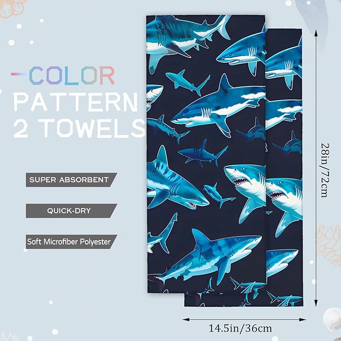 Cute Shark Hand Towels - 2 Pack, 14.5" X 28",Soft Microfiber Polyester Dark Towel Set with Bold Dynamic Sharks Pattern,for Ocean Bathroom Kitchen Spa Hotel Decor Gifts