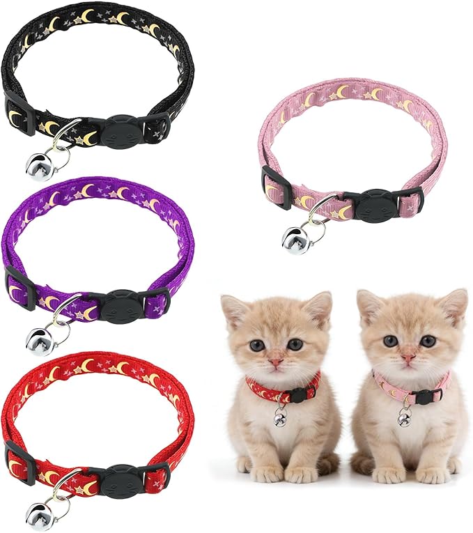 Jeffdad 4Pcs Cat Collar with Bells, Breakaway Cat Collars Kitten Collar Moons Stars Cute Kitty Safe Kitten Collars for Kitten Cats-Adjustable 8.3-13.4 Inch