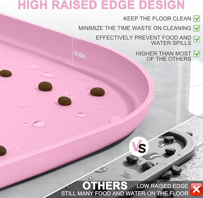 Silicone Pet Food Mat with Raised Edge for Food and Water Bowl, Dog Feeding Mats, Cat Food Trays for Floor Waterproof, Rubber Tray for Dogs and Cats, 22 x 14 x 0.8 Pink