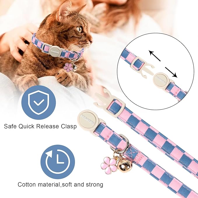 2 Pack Flower Cat Collars Breakaway with Bell, DOGWONG Safety Buckle Blue Plaid Cute Cat Collar for Girl Boy Cats，Adjustable 7-12 Inch