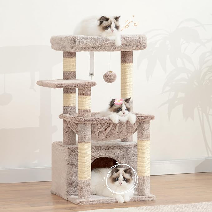 Heybly Cat Tree, Kitten Tower with Large Soft Cat Basket, Cat Condo with Spacious Cat Bed Cave with Hidden Space, Sisal-Covered Scratching Posts,Dangling Ball for Indoor Cats, Muchroom HCT008SMU
