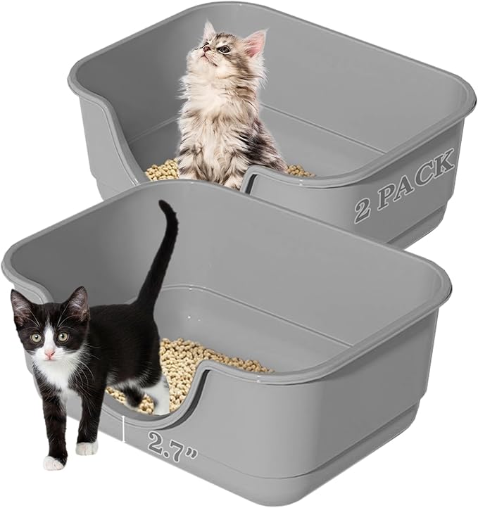 2 Pack Low Entry Small Litter Box for Kittens, Kitty Plastic Litter Boxes, Open Top, Anti-Splash High Sided Litter Tray Pan for Medium Pets, Puppy, Easy to Clean, 15.7" L*11.8" W*6.7" H (Grey)