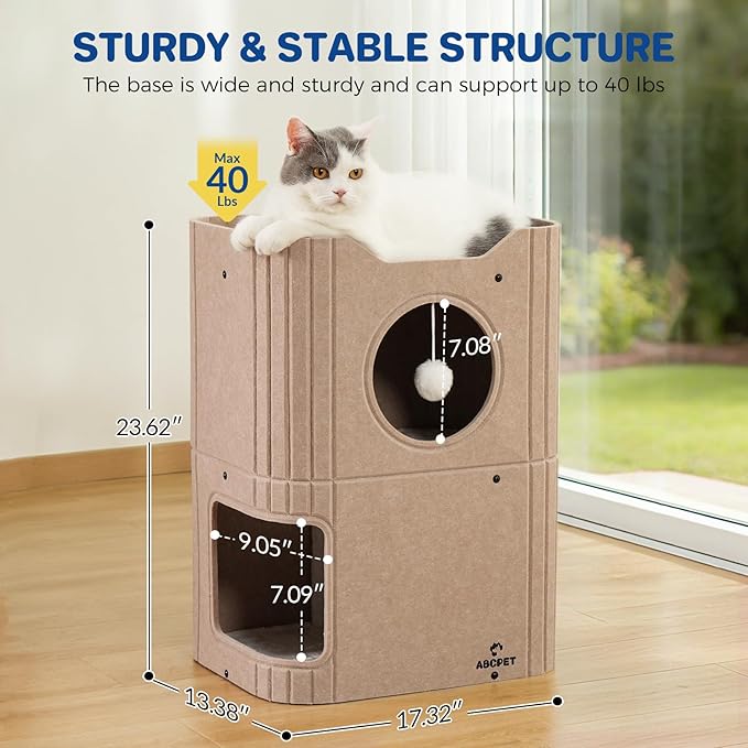 Cat House for Indoor Cats, 2-Storey Cat Bed Cave, Felt Cat Hideaway Condo with Resistant Scratching Freedom Kitten Cube for Multicats Beige