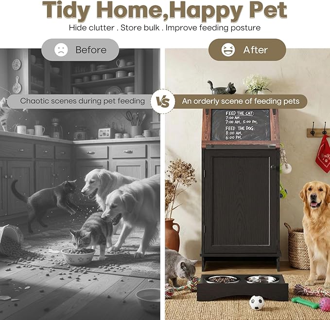 Flip-Top Dog Feeding Station, Dog Food Cabinet with Storage, Dog Food Station with Hidden Feeding Bowls, Pet Storage Cabinet, Dog Storage Organizer, Pet Food Holder, Black Oak Grain