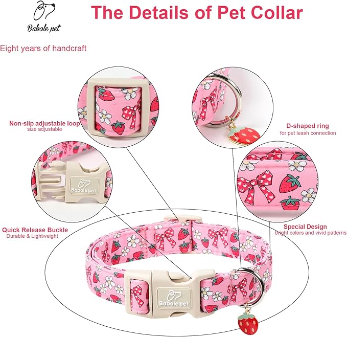 Strawberry Bow Dog Collar for Large Dogs - Cute Pink Spring/Summer Girl Dog Collars, Lightweight Adjustable Female Girly Dogs Collars with Quick Release Buckle L
