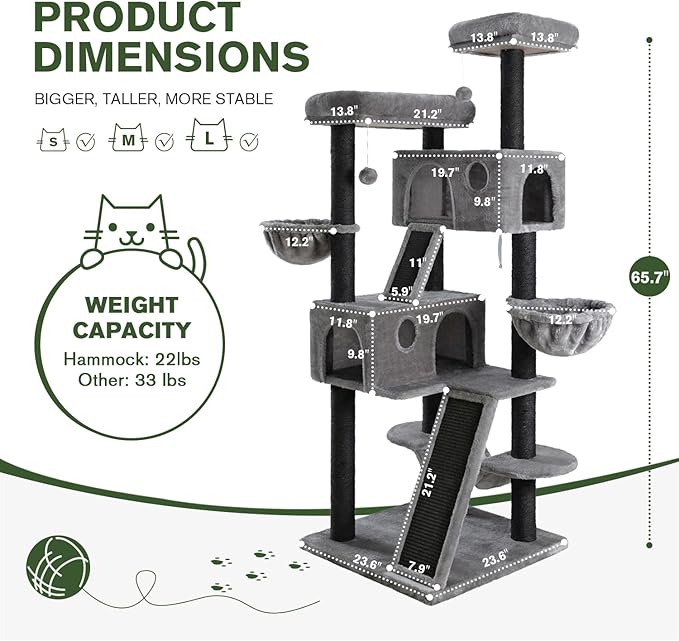 MUTICOR 66 Inches Multi-Level Large Cat Tree Tower for Indoor Big Feline/Cozy Plush Perches/Condo/Sisal Scratching Posts/Hammock and Baskets/Activity Center Play House/Wide Base/Black & Grey