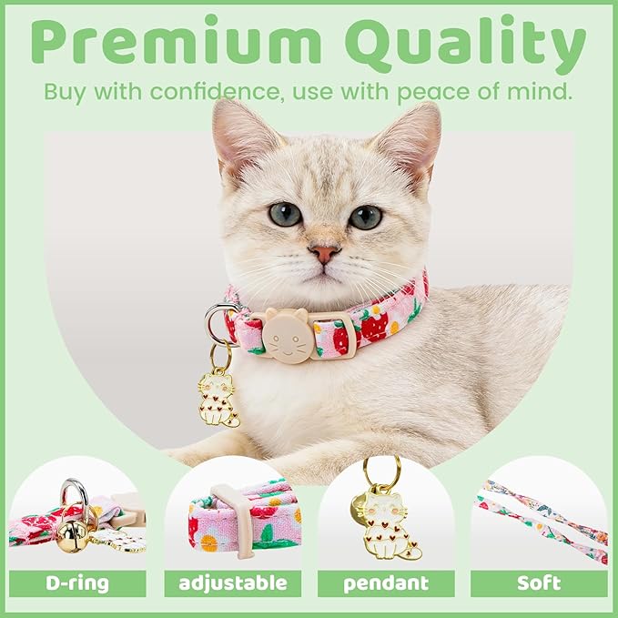 Spring Cat Collar-2 Pack Collars Strawberry and Flower Print Breakaway with Kitten and Bell Pendant Safety Buckle Adjustable Pet Collar Gift for Cats and Small Pets