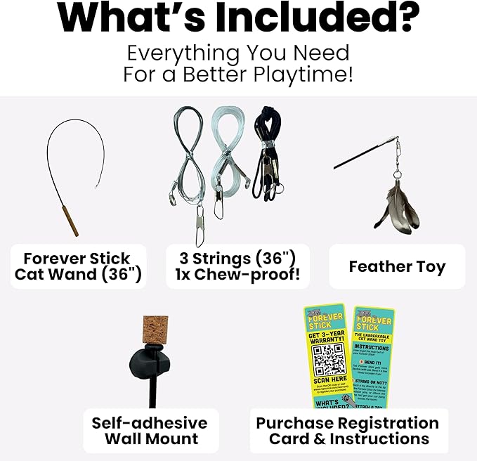 Forever Stick with Chew-Proof Metal Wire String and Transparent Fishing Line String - The Unbreakable Cat Wand Toy, Extra Long Durable Cat String Toy for Indoor Cats, Cat Fishing Pole Toy