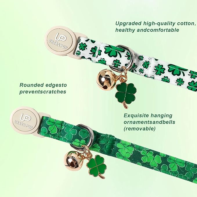 Cat Collar,2Pack St.Patrick's Day Cat Collars Cute Breakaway Kitty Collars,Spring Green Shamrock Cat Collar with Bell, Lucky Clover Kitten Collars with Safety Buckle for Girl & Boy Cats