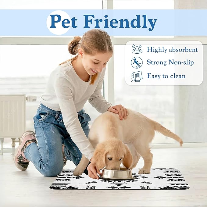 Black Boho Art Dog Food Mat–Christmas Stocking Absorbent Quick Dry Feeding Placemat for Food and Water Bowls, Non Slip Rubber Backing, Waterproof Pet Supplies for Mess-Free Eating 16"x24"