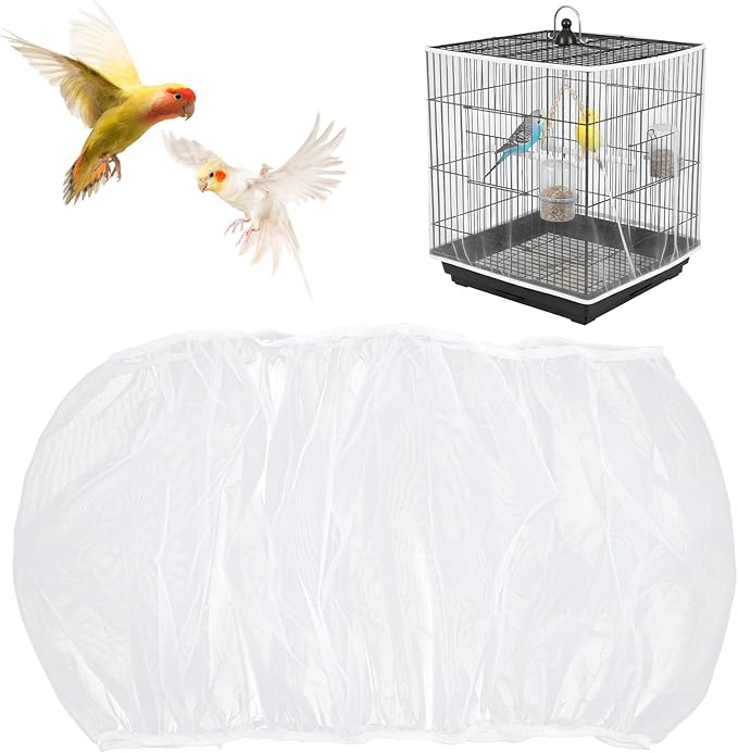 Bird Cage Seed Catcher, Mesh Net Cover Guard Soft Airy Cage Net Stretchy Skirt for Parrot Enclosures Round Square Cages(White