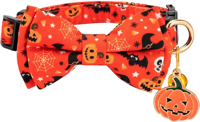 2 Pack Halloween Breakaway Cat Collar with Bow Tie and Bell for Boy Girl Cats,Cute Cotton Kitten Collar with Pink Ghost and Orange Pumpkin Pattern for Female Male Cats (Pink Ghost&Pumpkin)