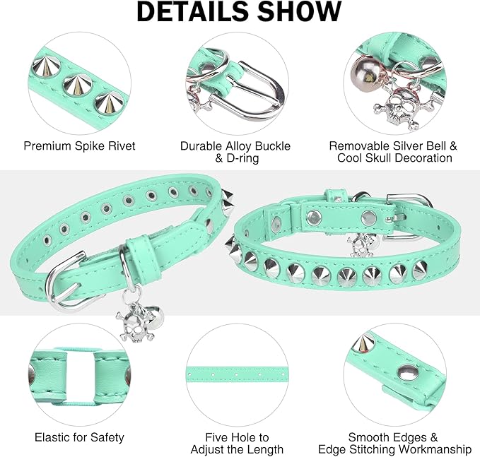 Leather Cat Collars for Boy Girl Cats with Bell and Safety Elastic Belt, Personalized Rivets Stud Adjustable Safe Buckle Collar with Skull Charm for Kitty Small Pets, Halloween Cat Collar