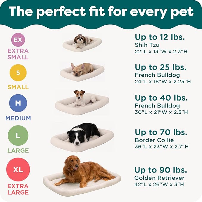 FurHaven Dog Bed for Small Dogs & Cats, Bolster Crate Pad with Soft Supportive Base for Carriers & Kennels, Machine Washable, Small, Sherpa Fleece, Cream