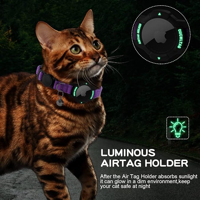 Luminous AirTag Cat Collar Breakaway, OUCWLTAG GPS Cat Collar with Apple Air Tag Holder, Cat Tracker Collars with Safety Elastic Band for Girl Boy Cats, Kittens and Puppies (Purple, 9-13 Inch)