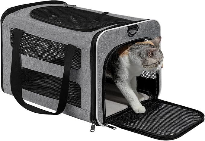 Cat Carrier Soft-Sided Travel Bag for Medium to Large Cats Over 15lbs, Small Dog Carrier Crate Top Entry Breathable Mesh Puppy 12 Pounds, Pet Rabbit Carrying Cage Kennel Collapsible Grey