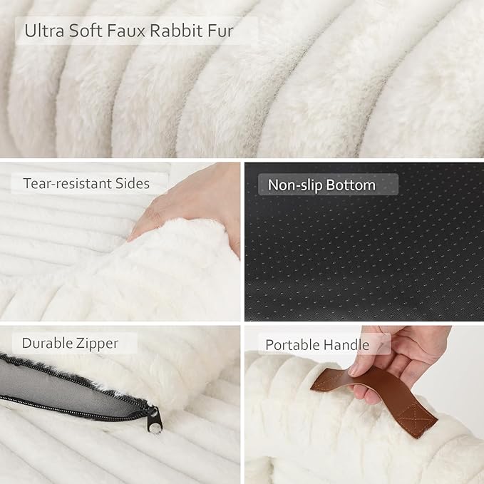Dog Bed Large Size Dogs Washable Soft Furry Pet Bed, Calming Rectangle Large Dog Bed with Removable Cover & Anti-Slip Bottom, Orthopedic Anti-Anxiety Pet Bed with Handle, 35x27x5inches, Cream