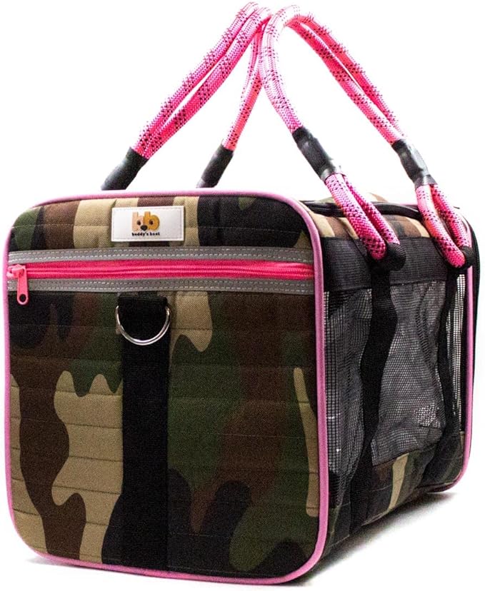 Buddy's Best Airline Approved Pet Carrier – Army Camo & Pink Heavy Duty, Fits Under Seat, TSA Compliant, Ventilated Mesh Design w/Waterproof Base & Reflective Safety Strips