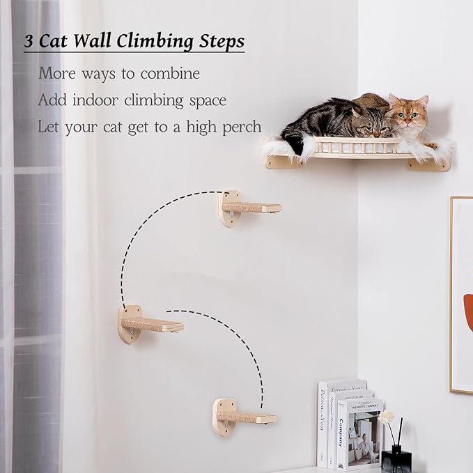 Large Cat Shelves with 3 Steps, Wall Mounted Cat Climbing Shelf with Plush Covered Bed, for Indoor Cats (Wood)