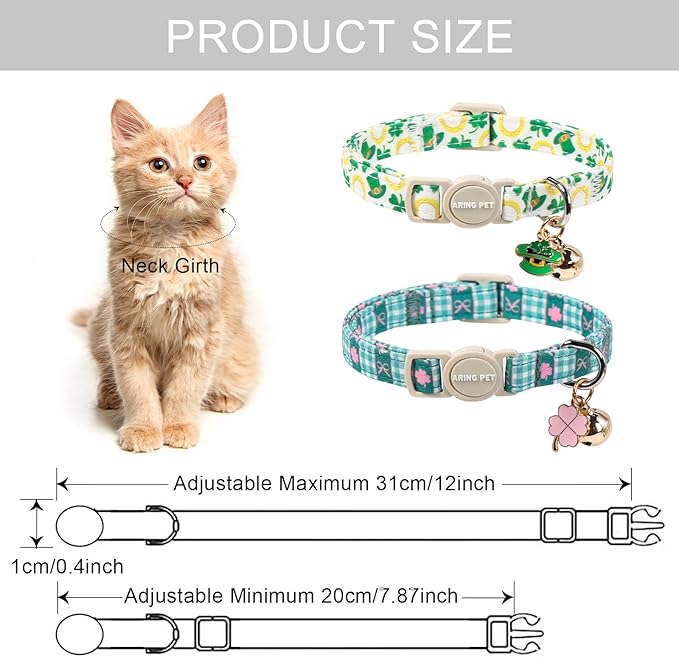 ARING PET 2 Pack St Patrick's Day Cat Collar, Breakaway Kitten Small Cute Green Lucky Clover Shamrock Collars with Bells for Girl Boy Cats