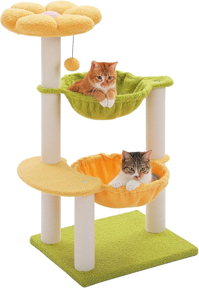 Flower Cat Tree with 2 Large Hammocks, 37.4" Small Cat Tower for Indoor Kitty with 6 Scratching Posts, Cute Cat Tree with Flower Top Perch, Yellow
