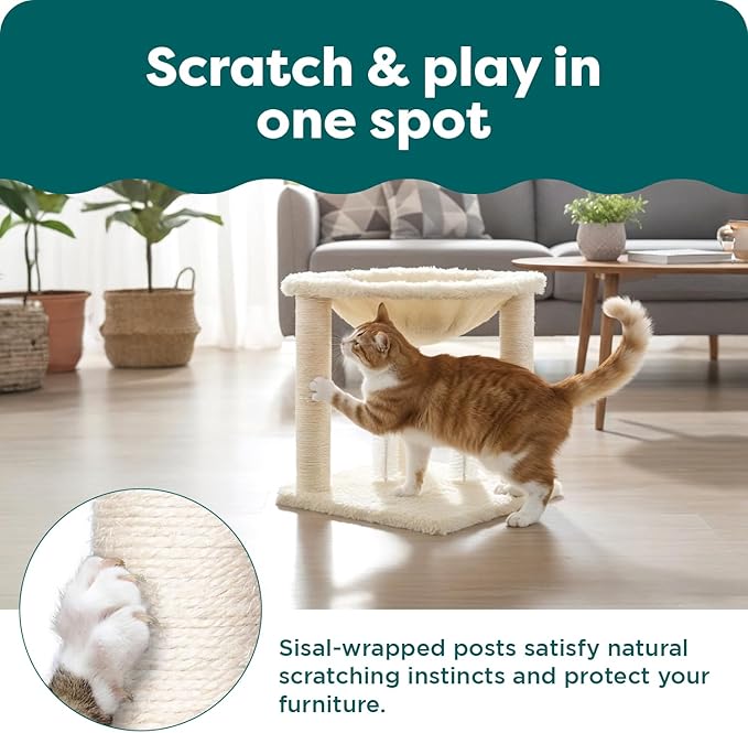 FurHaven 17.3" Tall Cat Scratching Post Tower for Indoor Cats, Sisal Cat Tree, Tiger Tough Hammock Interactive Playground, Toys & Perches for Cats, Sisal, Cream