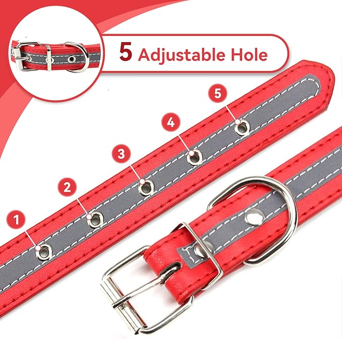 PETCARE Reflective Dog Collar with Cute Paw Rivet Studded Funny Soft PU Leather Adjustable Puppy Dog Collars for Small Medium Large Dogs Cats (Red,Large)
