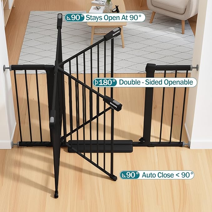 Mumeasy 29.7–48" Baby Gate for Stairs, Dog Gate for Doorways, Auto Close Child Gate, Indoor Safety Pet Gate with Walk Thru Door, Easy Install Pressure Mounted Extra Wide Gate for Kitchen, House, Black