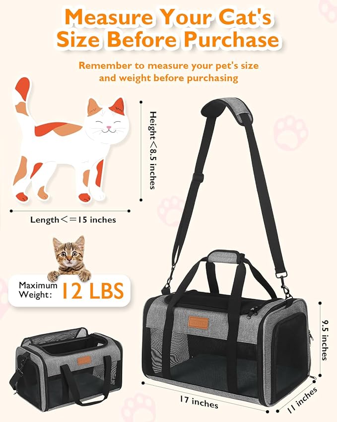 PETUX Airline Approved Pet Carrier - 17x11x9.5 in, Underseat, Top & Side Entry, Soft Sided Cat Dog Carrier for Small Cat & Dog Up to 12 lbs with Breathable Anti-Scratch Mesh for Travel & Vet - Grey