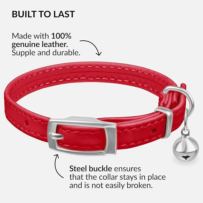 CollarDirect Leather Cat Collar with Bell - Kitten Collar, Small and Big Cat Collar for Boy Cats, Girl Cats with Safety Elastic Strap (Neck Fit 6"-7", Red)