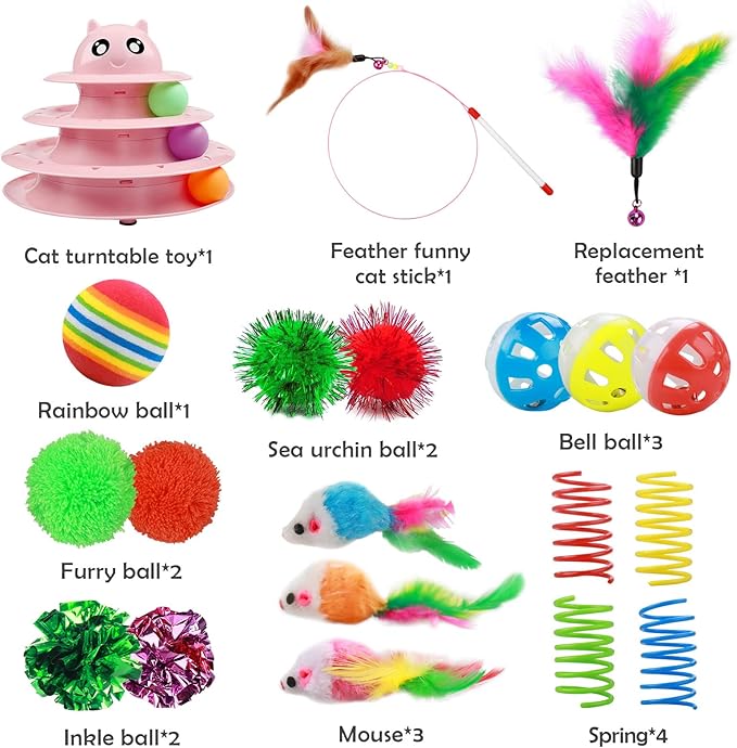 UPSKY 20 PCS Cat Toys - 3-Level Turntable Roller with Balls for Indoor Cats, Kitten Set with Teaser, Mice, Spring, and Various Ball Toys