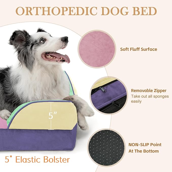 Comfort Expression Orthopedic Dog Bed for Extra Large Dogs 45x35 Inch, Waterproof Egg Crate Foam XL Pet Bed with Removable Bolsters, Dog Couch with Washable Cover & Non-Slip Bottom, Frosted Grape